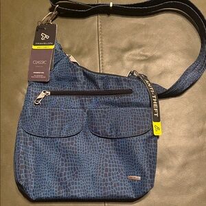 NWT Travelon Anti-Theft Classic Crossbody bag in a blue snake print pattern